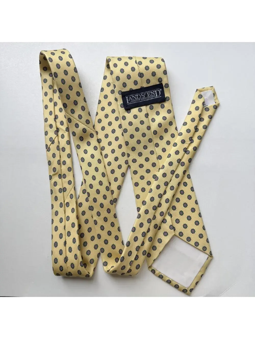 Vintage Lands’ End 100% Silk Necktie Made in USA Yellow Floral Medallion Tie